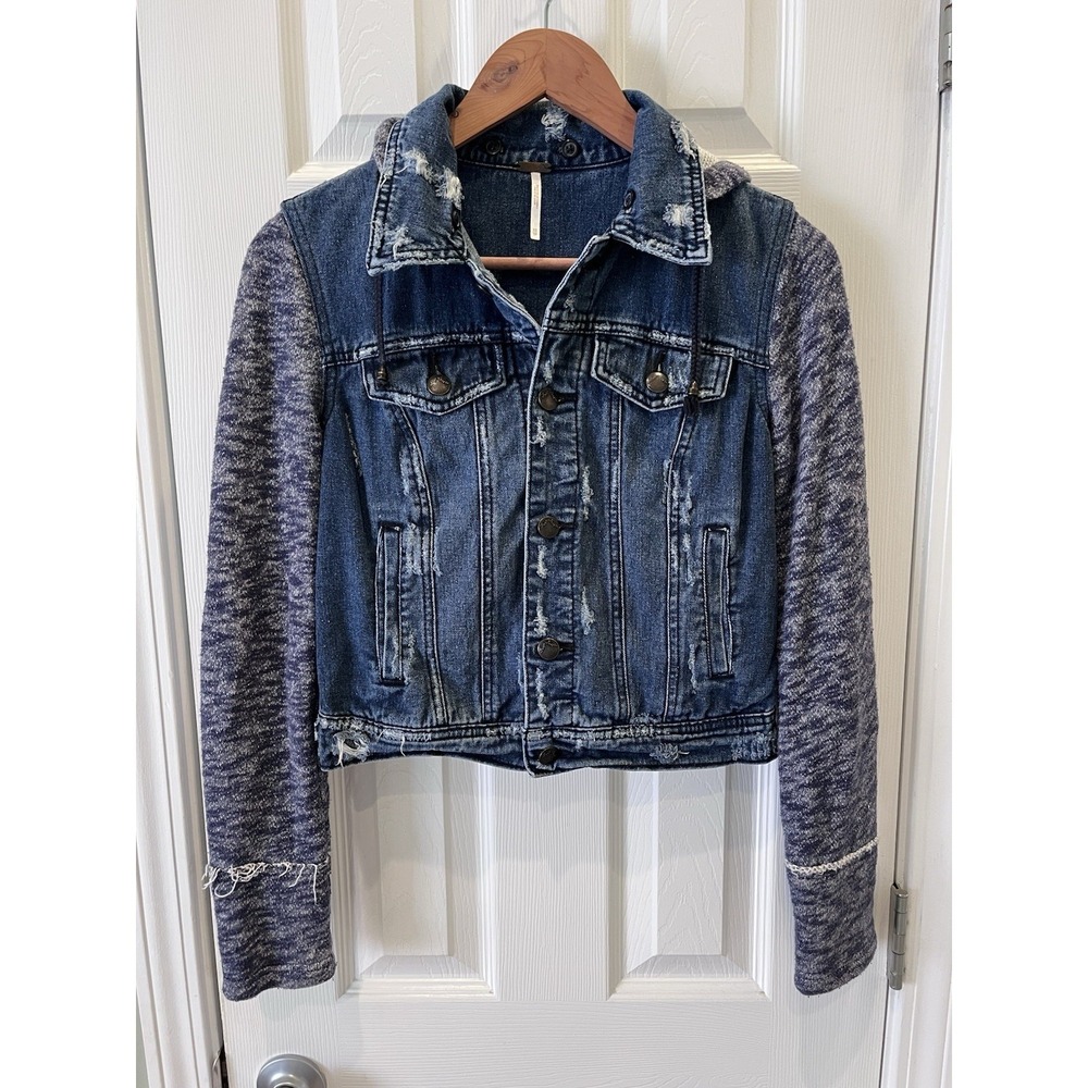 Free People Jean‎ Jacket Womens XS Drawstring Hooded Trucker Sweatshirt Fleece